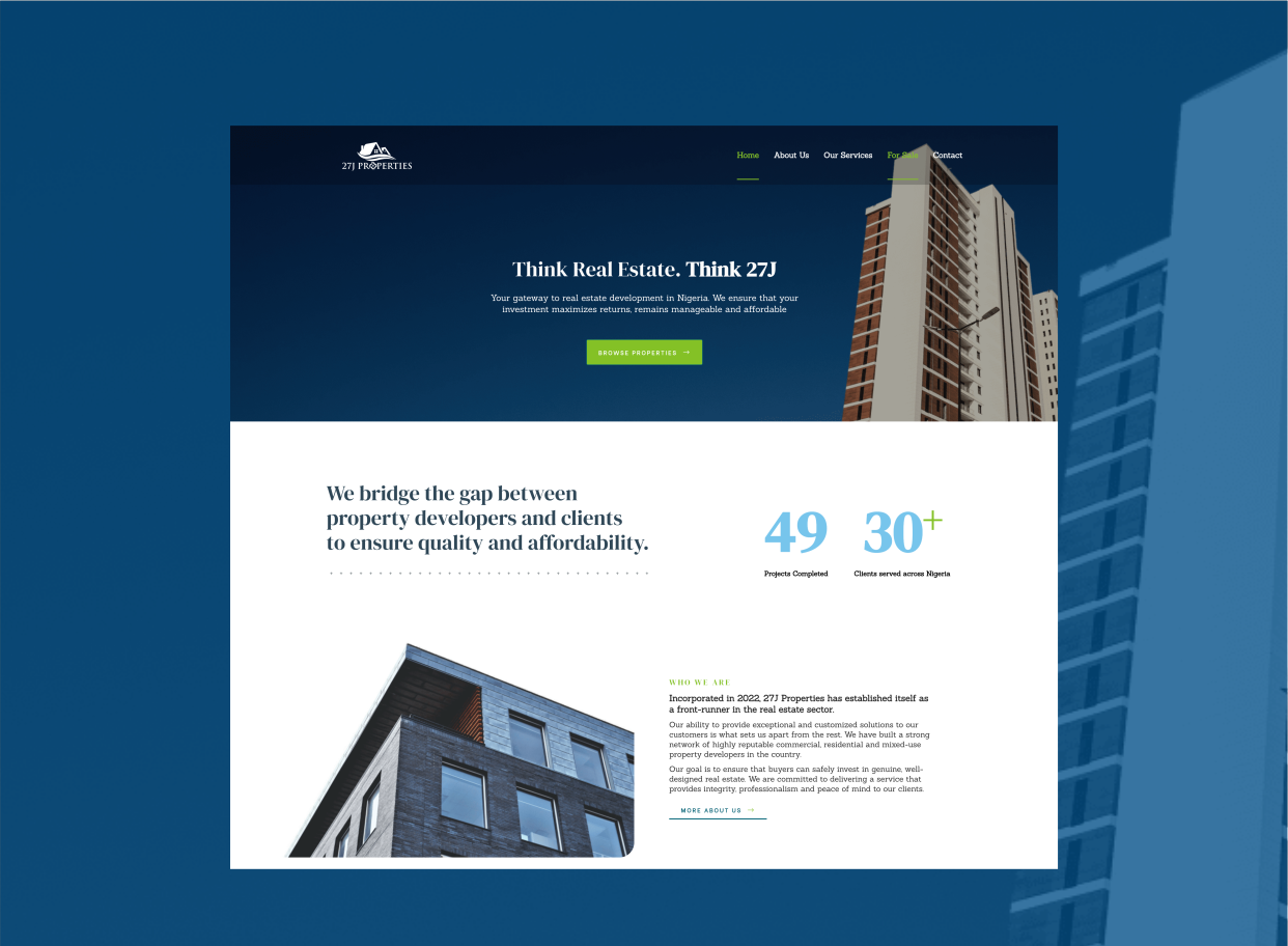 Screenshot of a real estate homepage on a blue background